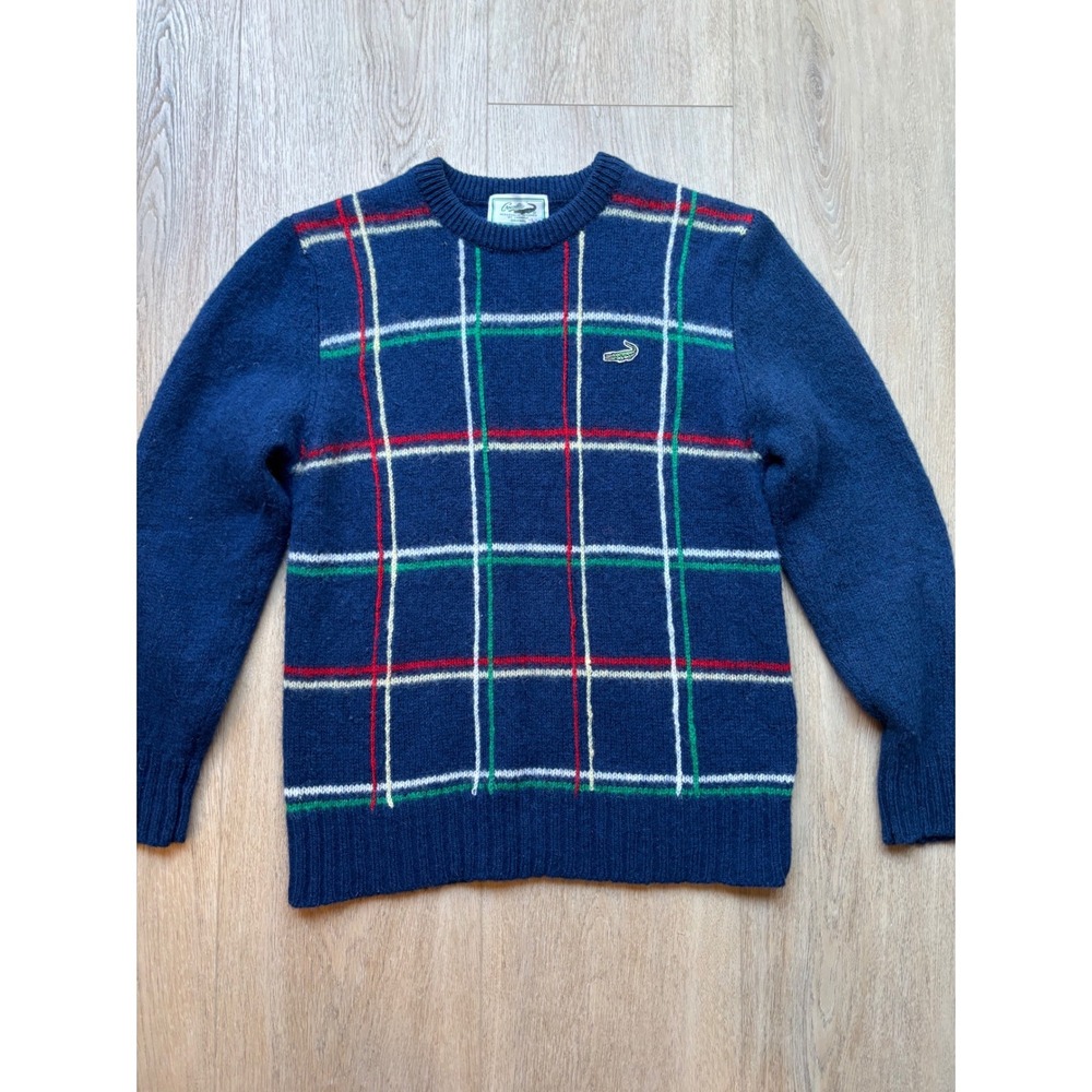 Vintage Crocodile Original Navy Blue 100% Wool Windowpane Plaid Crewneck Sweater - Picture 1 of 10